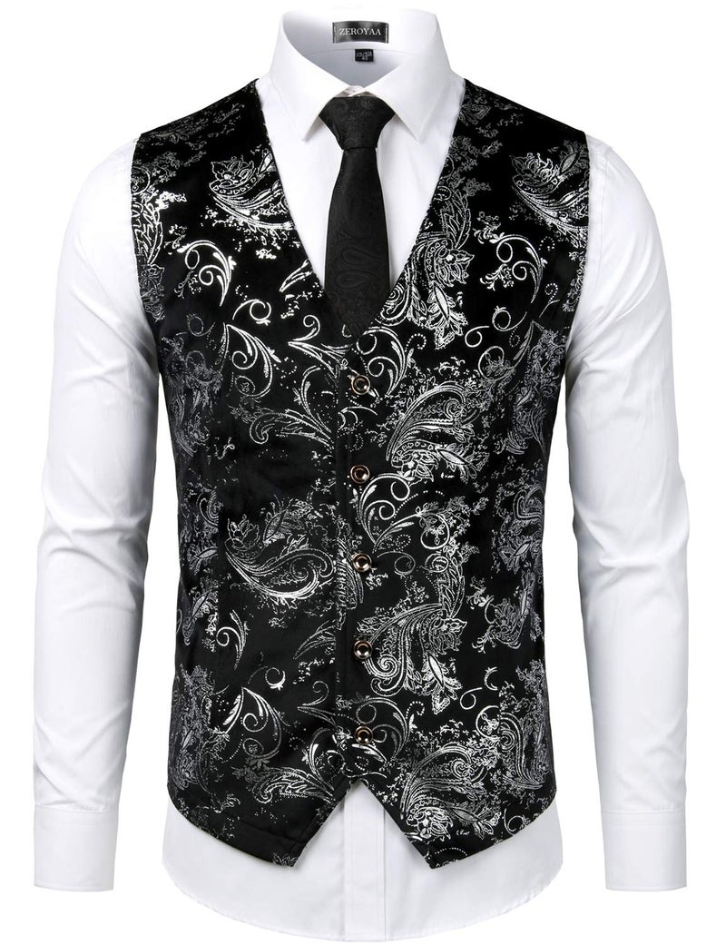 ZEROYAA Mens Hipster Silver Paisley Single Breasted Suit Dress Vest/Tuxedo Waistcoat Z49 Silver XXX Large - Image 1